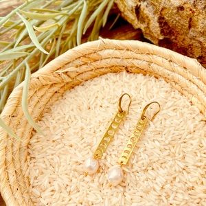 Handcrafted brass phases of moon pearl earrings